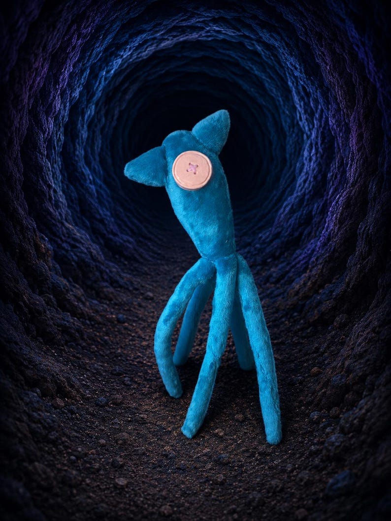May include: A plush toy with a bright blue, soft-textured body featuring three long, slender legs and two pointed ears. A single, round, light-colored button is sewn onto the side of the head, serving as a singular eye on the creature's face.