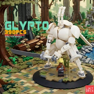 May include: A white LEGO robot figure with a sword in a forest scene. The set includes a small minifigure and is labelled "GLYPTO" with "390PCS" and "Specter Series" text. The scene is set on a black base.