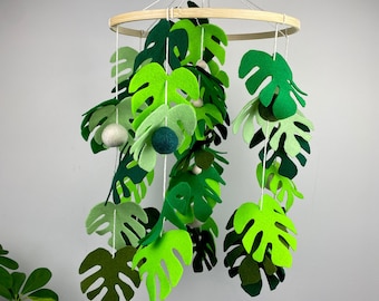 Monstera Wooden Baby Mobile nursery, Jungle theme Mobiles for Nursery, Monstera tropical leaves jungle nursery Felt leaf mobile neutral