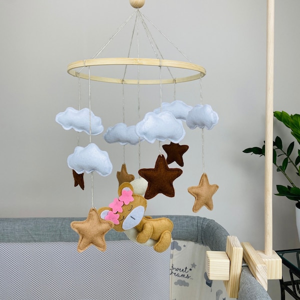 Baby mobile with sleeping bear, moon, stars, clouds, handmade, felt, beige, gift, baby shower gift