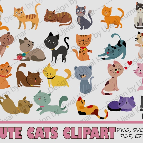 Cats svg bundle, Cute cats Funny cats clipart, Pet illustrations, hanky, wall art, t-shirt, tumbler cat design Vector | Commercial use |