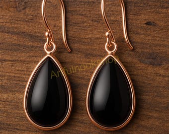 Pear Black Onyx Gold Earrings 925 Sterling Silver Rose Gold Plated Earrings Handmade Dangle Earrings Wedding Gift Jewelry For Her