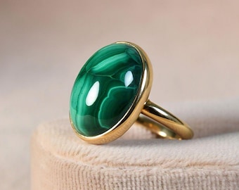 Natural Green Malachite Stone Gold Ring 925 Sterling Silver Yellow Gold Plated Ring Gemstone Ring Malachite Anniversary Gift Jewelry for Her