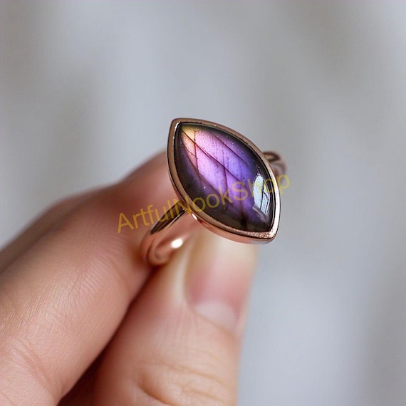 Natural Purple Labradorite Stone Rose Gold Ring Solid 925 Sterling