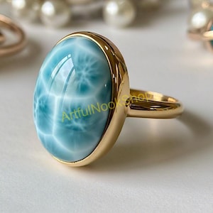Larimar Gold Ring, 925 Sterling Silver Yellow Gold Plated Ring, Statement Ring, Handmade Ring, Boho Rings, Larimar Gold Jewelry Gift for Her