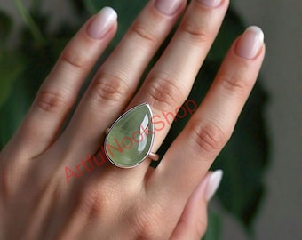 Anillo de prehnita natural, anillo de piedra de prehnita verde, anillo de plata de ley 925, anillo llamativo, anillo de compromiso, joyería de prehnita para mujer