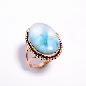 Blue Larimar Gold Ring, 925 Sterling Silver Rose Gold Plated Ring, Handmade Statement Ring, Boho Rings, Larimar Gold Gift Jewelry For Her