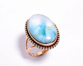 Anillo de oro con larimar azul, plata de ley 925 bañada en oro rosa, anillo llamativo hecho a mano, anillos bohemios, joyería de oro con larimar para ella.