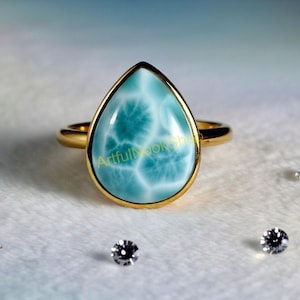 Natural Larimar Gold Ring, 925 Sterling Silver 18K Yellow Gold Plated Ring, Statement Ring, Boho Rings, Larimar Wedding Jewelry for Women