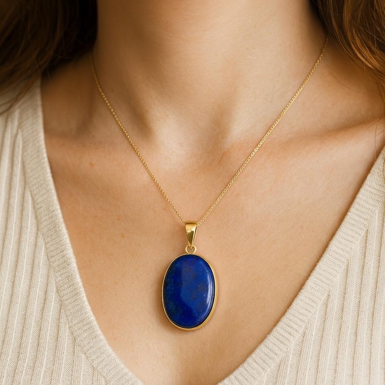 天然の大きな楕円形のブルーラピスラズリのペンダント、925スターリングシルバーのゴールドメッキペンダント、チェーン付きペンダントネックレス、ウェディングジュエリー 画像 5