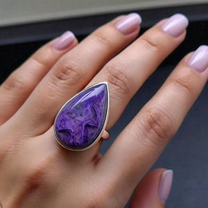 Natural Purple Charoite Stone Ring, 925 Sterling Silver Ring, Large Gemstone Ring, Statement Ring, Charoite Wedding Gift Jewelry for Her