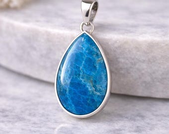 Blauer Apatit Anhänger, 925 Sterling Silber Anhänger, Blauer Stein Anhänger, Statement Anhänger, Anhänger Halskette, Weihnachtsgeschenk für Sie
