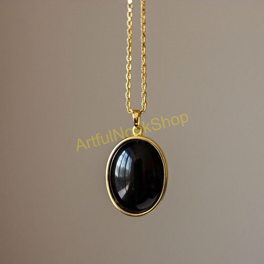Oval Black Onyx Gold Pendant Black Stone Pendant 925 Sterling