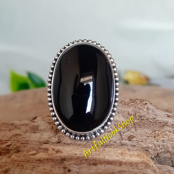 Black Onyx Ring, Onyx Ring, Large Onyx Ring, Oval Onyx Ring, Pure 925 Sterling Silver Ring, Bold Statement Ring, Black Gemstone Ring for Her