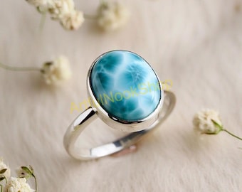 Anel com pedra preciosa de larimar natural, anel de prata esterlina 925, anel de declaração, anel de compromisso, anéis boho, joia de presente de aniversário de larimar para ela