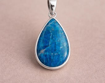 Blue Apatite Pendant, Blue Stone Pendant, 925 Sterling Silver Pendant, Pendant Necklace with Chain, Apatite Jewelry, Birthday Gift for Her
