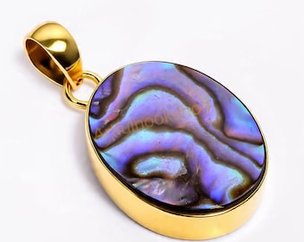 Rainbow Color Abalone Shell Gold Pendant 925 Sterling Silver Yellow Gold Plated Pendant Handmade Pendant Gemstone Pendant For Men And Women