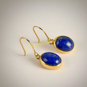 Natural Blue Lapis Lazuli Gold Earrings, Blue Stone Earrings, Solid 925 Sterling Silver 18k Yellow Gold Plated Earrings, Dangle Earrings