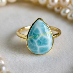 Larimar Gold Ring, 925 Sterling Silver Yellow Gold Plated Ring, Statement Ring, Handmade Ring, Boho Rings, Larimar Gold Jewelry for Women
