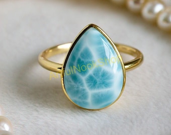 Larimar Gold Ring, 925 Sterling Silver Yellow Gold Plated Ring, Statement Ring, Handmade Ring, Boho Rings, Larimar Gold Jewelry for Women