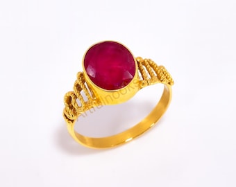 Pink Ruby Oval Ring, Yellow Gold Plated Sterling Silver, Boho Stacking Jewelry