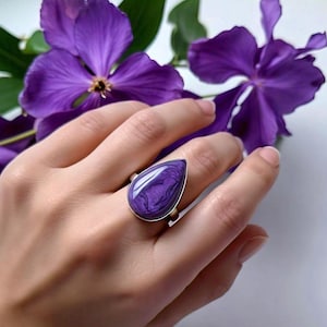 Natural Charoite Ring, Purple Stone Ring, 925 Sterling Silver Ring, Large Stone Statement Ring, Purple Ring, Valentines Day Gift for Her