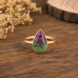 Anillo de rubí y zoisita, plata de ley 925 con baño de oro rosa, hecho a mano, joya llamativa, regalo de Navidad.