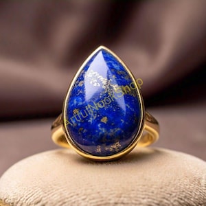 Natural Blue Lapis Lazuli Stone Ring, 925 Sterling Silver Yellow Gold Plated Ring, Statement Ring, Lapis Lazuli Wedding Gift Jewelry for Her