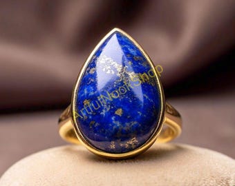 Pear Lapis Lazuli Statement Ring, Yellow Gold Plated Sterling Silver