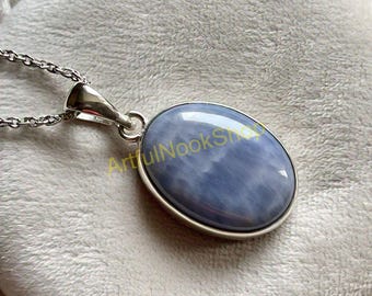Natural Large Oval Blue Angelite Gemstone Pendant, 925 Sterling Silver Pendant, Statement Pendant Necklace with Chain Christmas Gift Jewelry