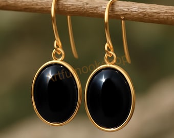 Boucles d'oreilles en or, pierre d'onyx noir, argent sterling 925, plaqué or jaune, boucles d'oreilles pendantes faites à la main, cadeau pour femme, maman, petite amie