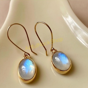Natural Blue Moonstone Gold Earrings, 925 Sterling Silver Yellow Gold Plated Earrings, Dangle Earrings, Moonstone Wedding Jewelry for Women