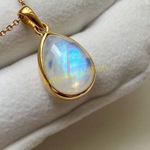Natural Blue Moonstone Gold Pendant, 925 Sterling Silver Yellow Gold Plated Pendant, Statement Pendant Necklace with Chain, Gift for Her