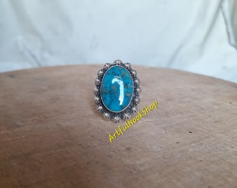 Natural Large Oval Tibetan Turquoise Ring 925 Sterling Silver Ring Bold Statement Ring Handmade Ring Large Blue Stone Ring Turquoise Jewelry
