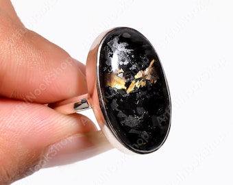 Original Greenland Nuummite Gemstone Ring 925 Sterling Silver Ring Unique Golden Stone Ring Handmade Statement Ring Gift Jewelry for Women