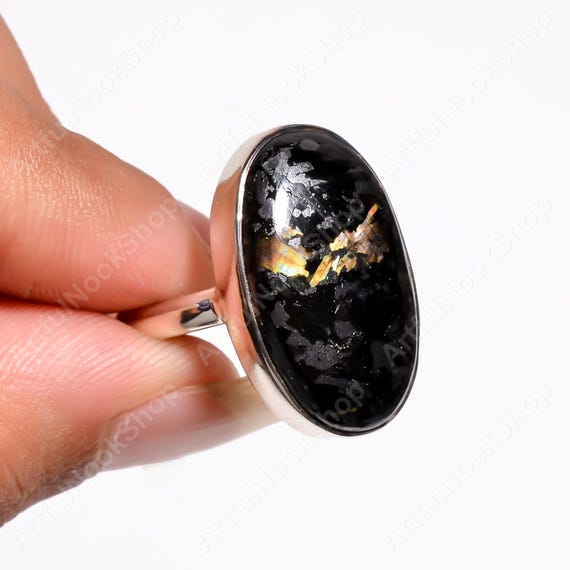 Original Greenland Nuummite Gemstone Ring 925 Sterling Silver Ring