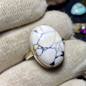 Large Oval Howlite Stone Ring, White Stone Ring, 925 Sterling Silver Ring, Statement Ring, Howlite Jewelry, Christmas Birthday Gift for Her