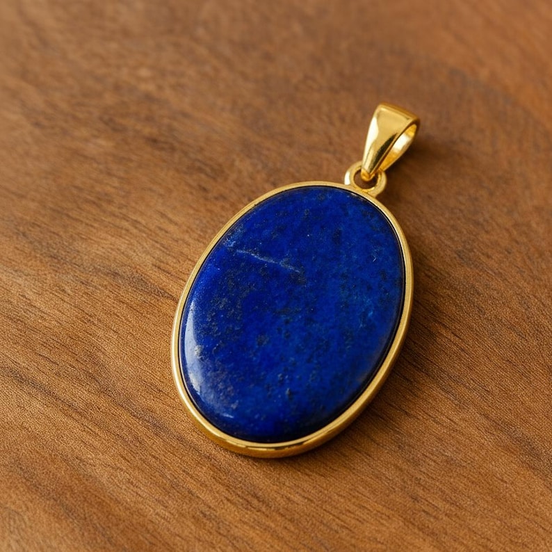 天然の大きな楕円形のブルーラピスラズリのペンダント、925スターリングシルバーのゴールドメッキペンダント、チェーン付きペンダントネックレス、ウェディングジュエリー 画像 2