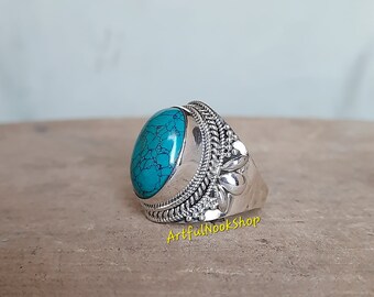 Large Oval Blue Tibetan Turquoise Gemstone 925 Sterling Silver Unique Vintage Handmade Bold Statement Ring Jewelry Gift for Her