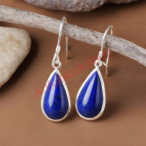 Natural Blue Lapis Lazuli Stone Dangle Earrings, 925 Sterling Silver Earrings, Handmade Statement Earrings for Women, Valentine&#39;s Day Gift