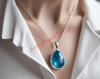 Blue Topaz Necklace, Blue Topaz Pendant, 925 Sterling Silver Pendant Necklace with Chain, Christmas Valentines Day Gift Jewelry for Her