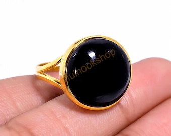 Anillo de ónix negro, plata de ley 925, chapado en oro amarillo, piedra negra, hecho a mano, anillo llamativo, apilable, joyería de ónix.