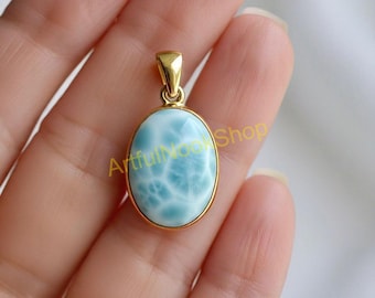 Natural Blue Larimar Gemstone Gold Pendant, Solid 925 Sterling Silver 18K Yellow Gold Plated Pendant, Larimar Yellow Gold Jewelry for Women