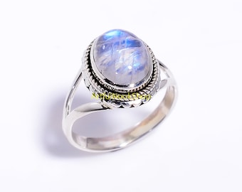 Natural Blue Moonstone Ring, 925 Sterling Silver Ring, Engagement Rings, Promise Rings for Her, Moonstone Birthday Gift Jewelry for Women