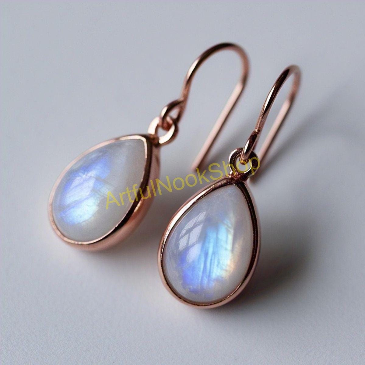 Orecchini A Cerchio Con Pietra Di Luna Rosa In Argento Sterling 925 - Goccia Pendente, Idea Regalo Per Mamma E Moglie