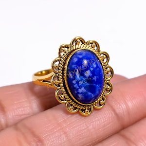 Natural Lapis Lazuli Blue Stone Ring 925 Sterling Silver Ring Yellow Gold Plated Handmade Stacking Ring Lapis Gold Ring Lapis Gift Jewelry