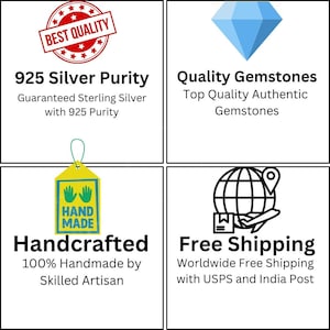 以下が含まれることがあります： ジュエリーを宣伝するテキストとアイコンのグラフィック。左上には保証付きの「925 Silver Purity」と書かれています。右上には「Quality Gemstones」と書かれています。左下にはタグ付きの「Handcrafted」と書かれています。右下には「Free Shipping」と書かれています。
