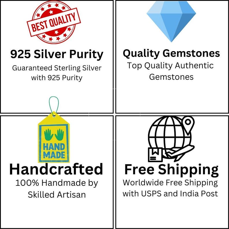 以下が含まれることがあります： ジュエリーを宣伝するテキストとアイコンのグラフィック。左上には保証付きの「925 Silver Purity」と書かれています。右上には「Quality Gemstones」と書かれています。左下にはタグ付きの「Handcrafted」と書かれています。右下には「Free Shipping」と書かれています。