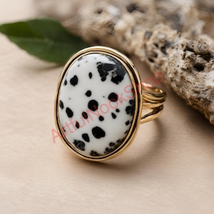 Dalmatian Jasper Gold Ring, 925 Sterling Silver Gold Plated Ring, Jasper Stone Ring, Statement Rings for Her, Christmas Gift Jewelry for Her