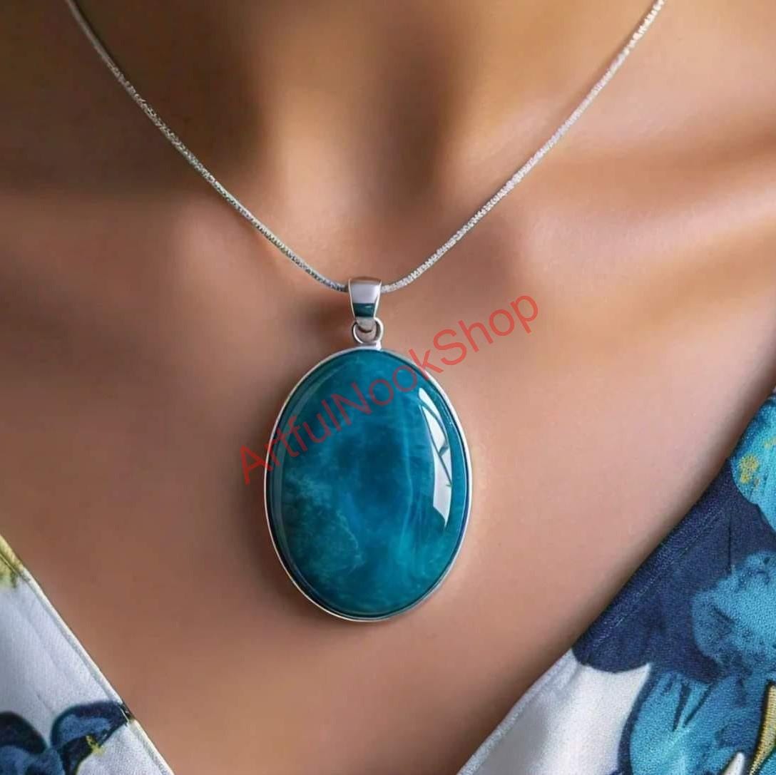 Large Oval Blue Apatite Pendant, 925 Sterling Silver Pendant, Statement Pendant, Large Stone Pendant, Apatite Jewelry, Birthday Gift for Her